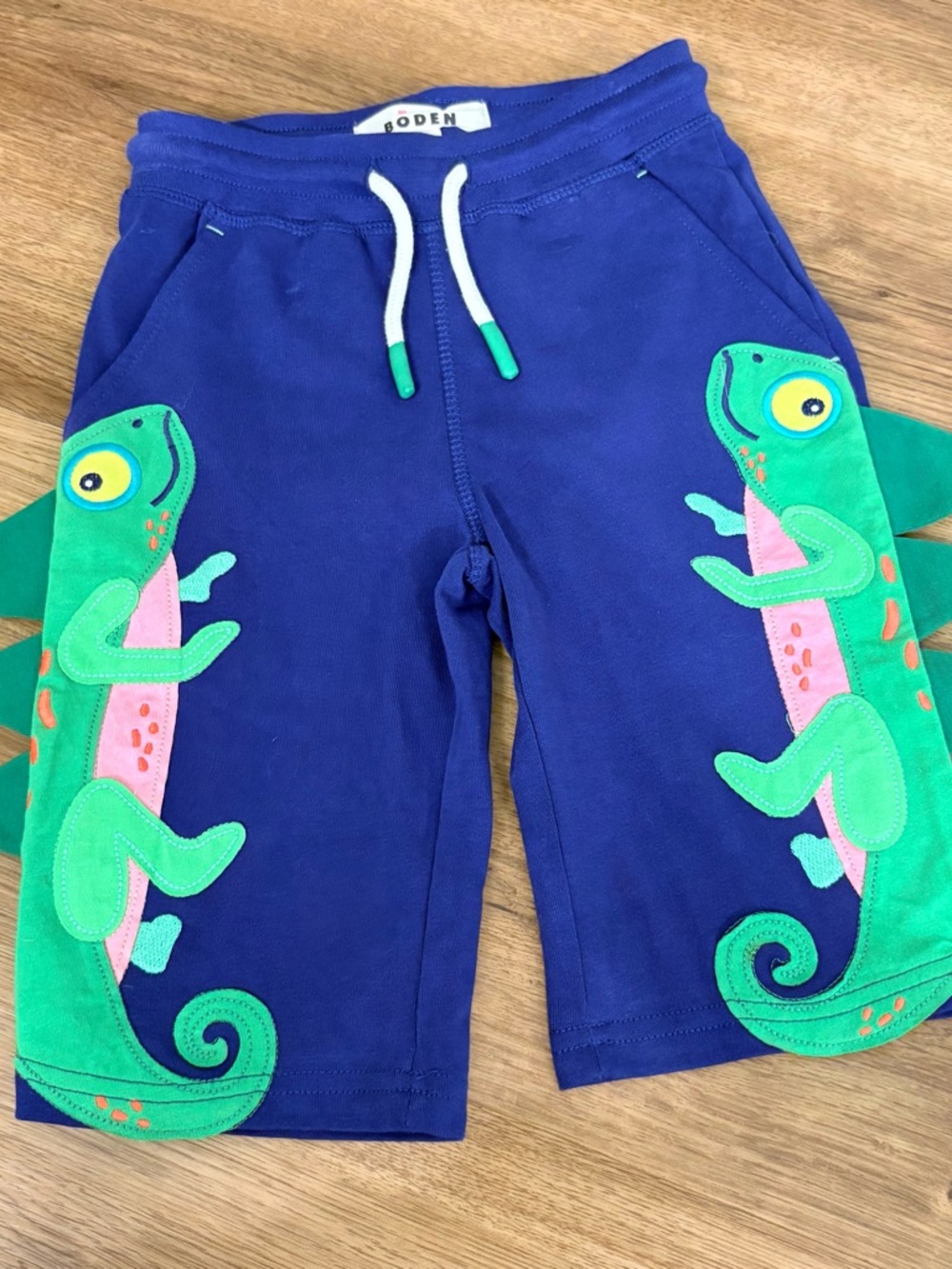 Mini Boden Royal Blue Kids Shorts with Green Chameleon Appliqués